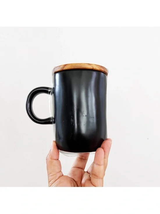 Rae Dunn "Geeky Dad" Black Ceramic Mug with Wooden Lid - Picture 2 of 3
